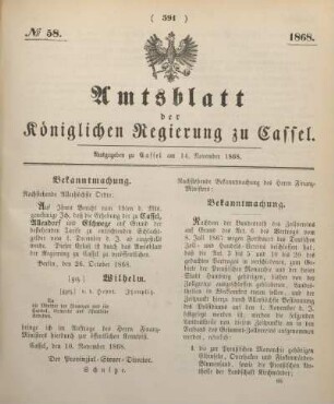 № 58. Ausgegeben zu Cassel am 14. November 1868.