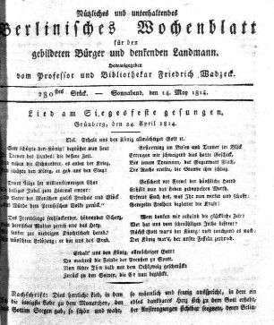 280stes Stueck, Sonnabend, den 14.May 1814