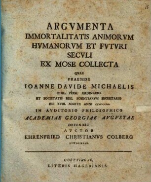 Argumenta immortalitatis animorum humanorum et futuri seculi ex Mose collecta