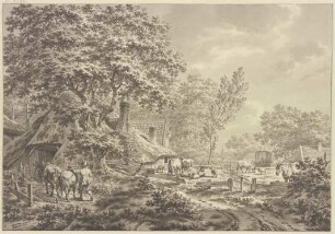 Landschaft mit Bauernhof und Vieh