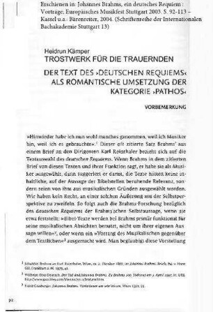 Trostwerk für die Trauernden. Der Text des 'Deutschen Requiems' als romantische Umsetzung der Kategorie 'Pathos'