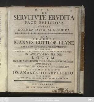De Servitvte Ervdita Pace Religiosa Svblata : Commentatio Academica