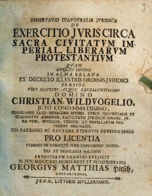 Dissertatio Inauguralis Juridica De Exercitio Juris Circa Sacra Civitatum Imperial. Liberarum Protestantium