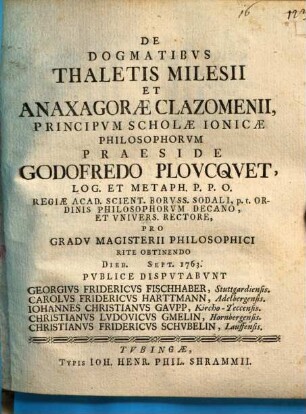 De dogmatibus Thaletis Milesii et Anaxagorae Clazomenii, principum scholae Ionicae philosophorum