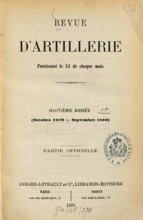 Revue d'artillerie. 16. 1879/80 = Année 8