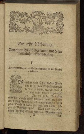Die erste Abtheilung. Von einem Briefe überhaupt, und dessen wesentlichen Eigenschaften.