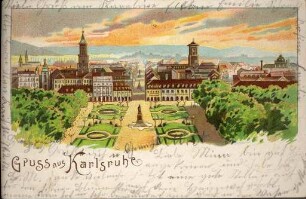 Postkartenalbum. "Gruss aus Karlsruhe". Schlossplatz und Innenstadt