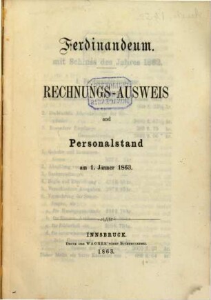 Ferdinandeum : Rechnungs-Ausweis und Personalstand am 1. Jänner 1863