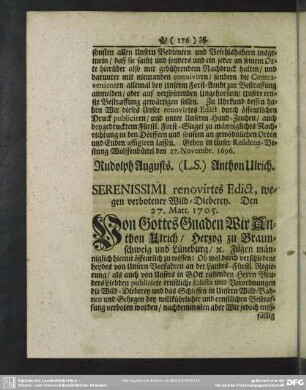 renovirtes Edict, wegen verbotener Wild-Dieberey. Den 27. Mart. 1705