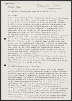 Statement für die Pressekonferenz anlässlich des Tarkovskij-Festivals