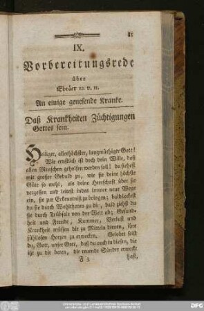 IX. Vorbereitungsrede über Ebräer 12. v. 11. An einige genesende Kranke. Daß Krankheiten Züchtigungen Gottes sein.
