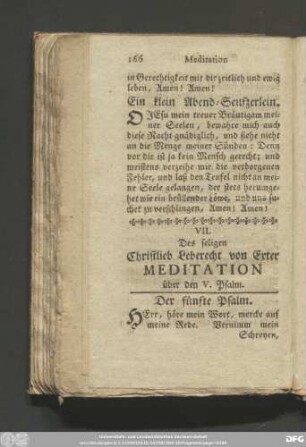 VII. Des seligen Christlieb Leberecht von Exter Meditatin über den V. Psalm.