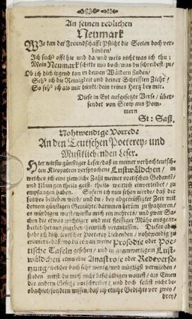 Nothwendige Vorrede An den Teutschen Poeterey- und Musikliebenden Leser.