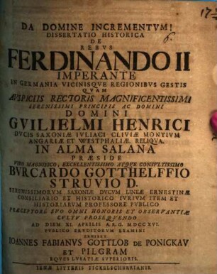 Dissertatio historica de rebus, Ferdinando II. imperante in Germania vicinisque regionibus gestis