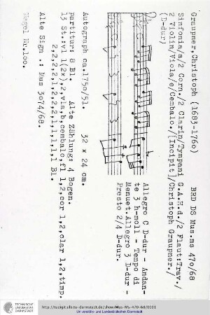 Sinfonia / a / 2 Corn. / 2 Clarin / Tympani G. A. H. d. / 2 Flaut: Trav. / 2 Violin / Viola / e / Cembalo. / [Incipit] / Christoph Graupner.