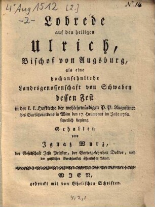 Lobrede auf den heiligen Ulrich, Bischof von Augsburg ...