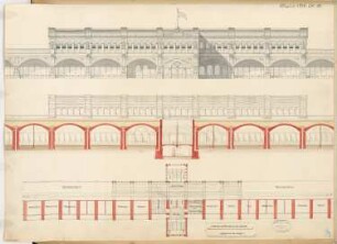 Stadtbahnhof, Berlin Monatskonkurrenz August 1877: Grundriss 1:300, Aufriss Seitenansicht und Längsschnitt 1:150; 2 Maßstabsleisten