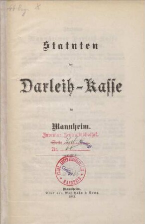 Statuten der Darleih-Kasse in Mannheim