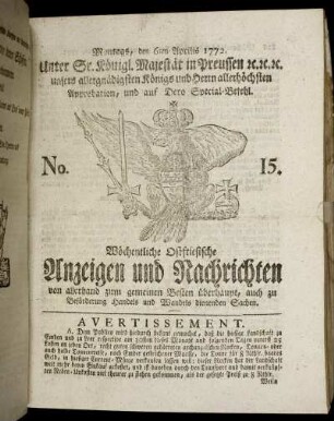 No. 15. Montags, den 6ten Aprilis 1772.