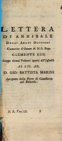 Lettera sopra alcuni Vescovi ignoti all'Ughelli