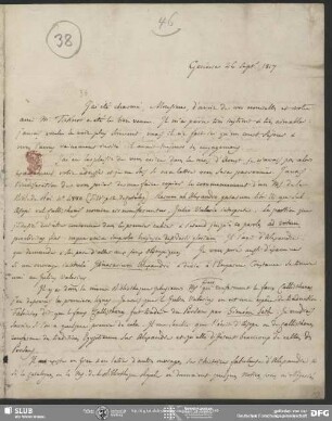 Eigenh. Brief von Guillaume Favre an August Wilhelm von Schlegel, Genf, 26.09.1817