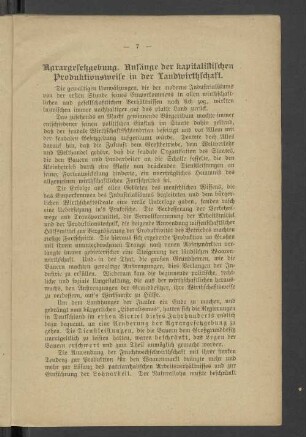 Agrargesetzgebung. Anfänge der kapitalistischen Produktionsweise in der Landwirthschaft