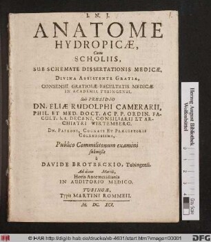 Anatome Hydropicae : Cum Scholiis