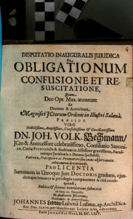 Disp. inaug. iur de obligationum confusione et resuscitatione