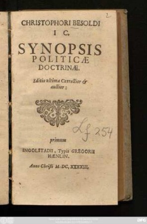 Christophori Besoldi I.C. Synopsis Politicae Doctrinae