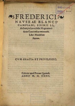 Frederici Navseae Blancicampiani ... Libri Mirabilium Septem