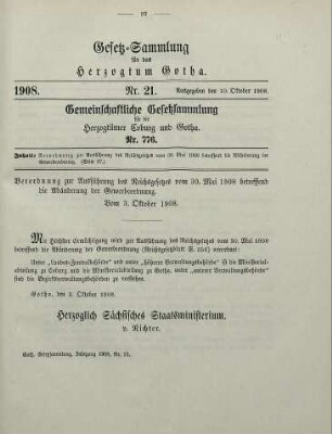21. Verordnung zur Ausführung des Reichsgesetzes vom 30. Mai 1908 betreffend die Abänderung der Gewerbeordnung. Vom 3. Oktober 1908