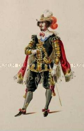 Mann in schwarzem goldbestickten Anzug und mit hermelinbesetztem Umhang - Tafel aus Franceschini/Kostümbilder (Kassette 1)