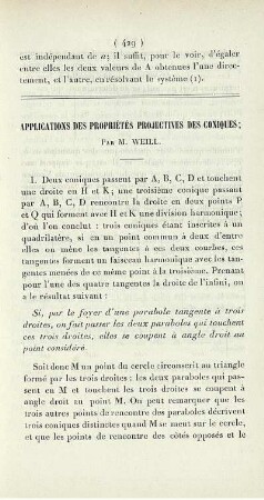 Applications des propriétés projectives des coniques.