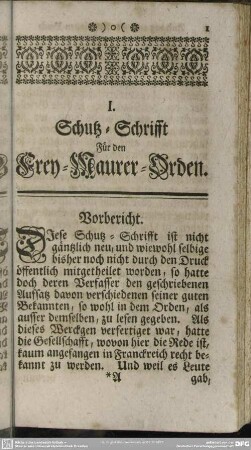 I. Schutz-Schrifft Für den Frey-Maurer-Orden