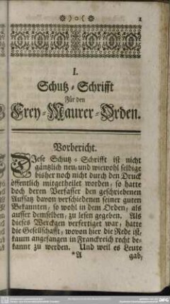 I. Schutz-Schrifft Für den Frey-Maurer-Orden