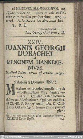 XXIV. Ioannis Georgii Dorschei ad Menonem Hannekenium