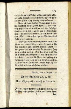 An die Fräulein Ch. v. B. Ueber Sympathie und Physionomie.
