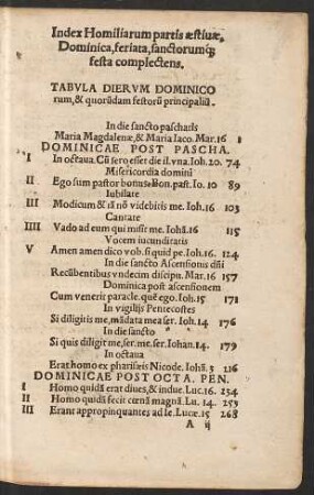 Index Homiliarum partis aestivae, Dominica, feriata, sanctorumque festa complectens.