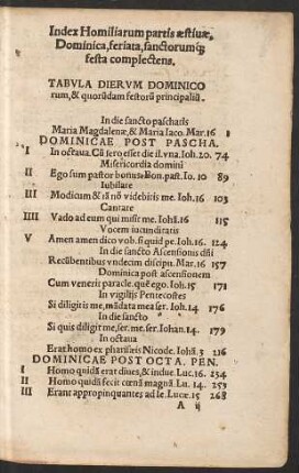 Index Homiliarum partis aestivae, Dominica, feriata, sanctorumque festa complectens.