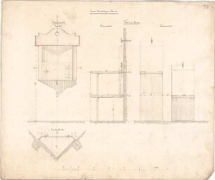 Voit, August von; Landgerichtsgebäude - Innere Einrichtung der Arreste - Eckschrank (Ansicht, Querschnitt); Tisch u. Bank (Ansichten)