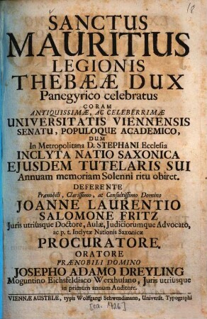 Sanctus Mauritius legionis Thebaeae dux panegyrico celebratus