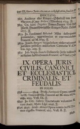 IX. Opera Juris Civilis, Canonici Et Ecclesiatici, Criminalis, Et Feudalis.