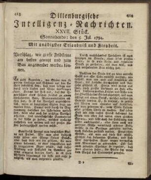 XXVII. Stück. Sonnabends: den 5. Jul. 1794.