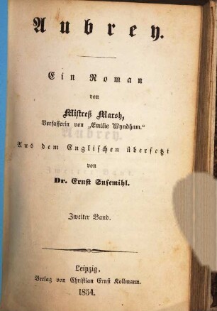 Aubrey : Ein Roman von Marsh. Aus dem Englischen übersetzt von Ernst Susemihl. 2