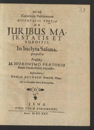 Canonum Politicorum Disputatio Tertia De Iuribus Maiestatis Et Subditis