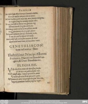 Genethliacon. cum nasceretur filius Illustrissimo Principi Alberto Friderico, Marchioni Brandenburgico, & Duci Borusiae etc. Elegia IIII.