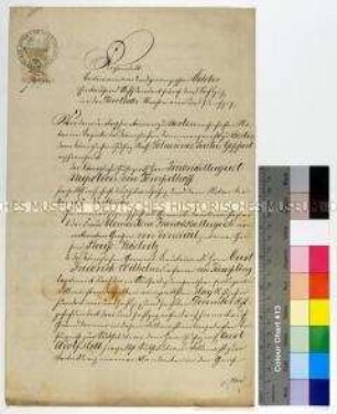 Erklärung des Justizrates Friedrich August Napoléon von Tempelhoff zur Übertragung seines Mandats bei der Gewerkschaft der Gräflich Einsiedelschen Eisenhütten an den Justizrat Carl Adolf Moll