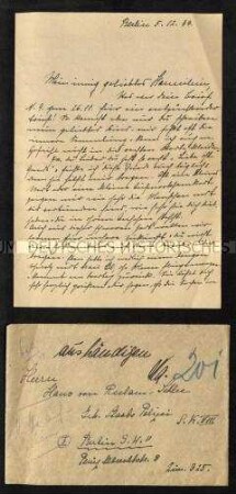 Brief an Hans Joachim von Reclam-Schlee im Gefängnis Berlin Moabit von seiner Mutter (mit Kuvert)