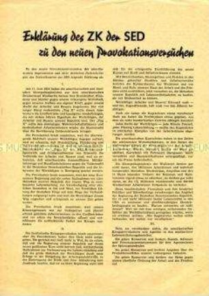 Flugblatt mit der Erklärung des ZK der SED zur Ausgabe von Lebensmitteln für DDR-Bürger in Westberlin nach dem 17. Juni 1953
