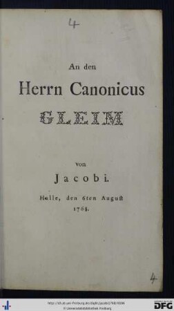 An den Herrn Canonicus Gleim